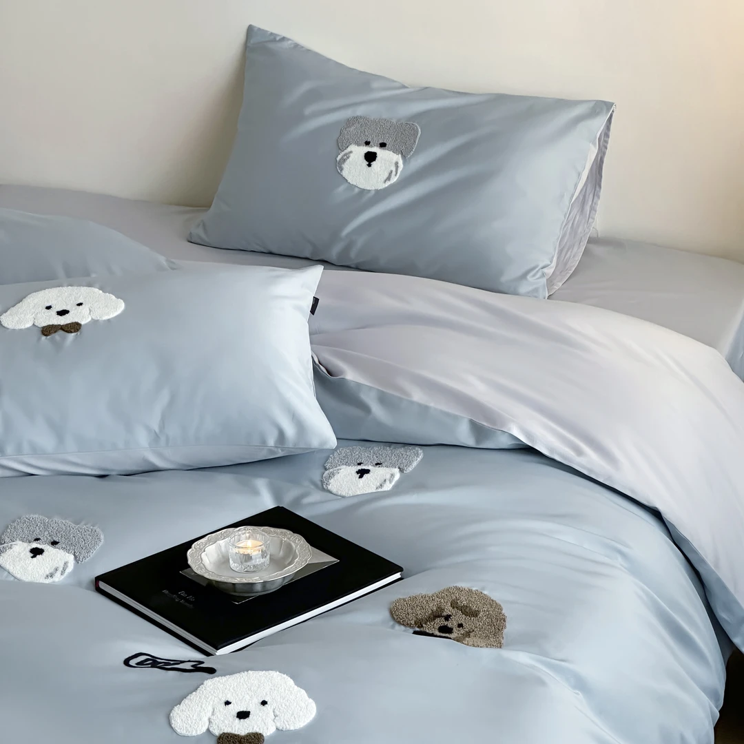 小温暖 蓝色小狗 全棉贡缎100支四件套 小清新卡通品质四件套