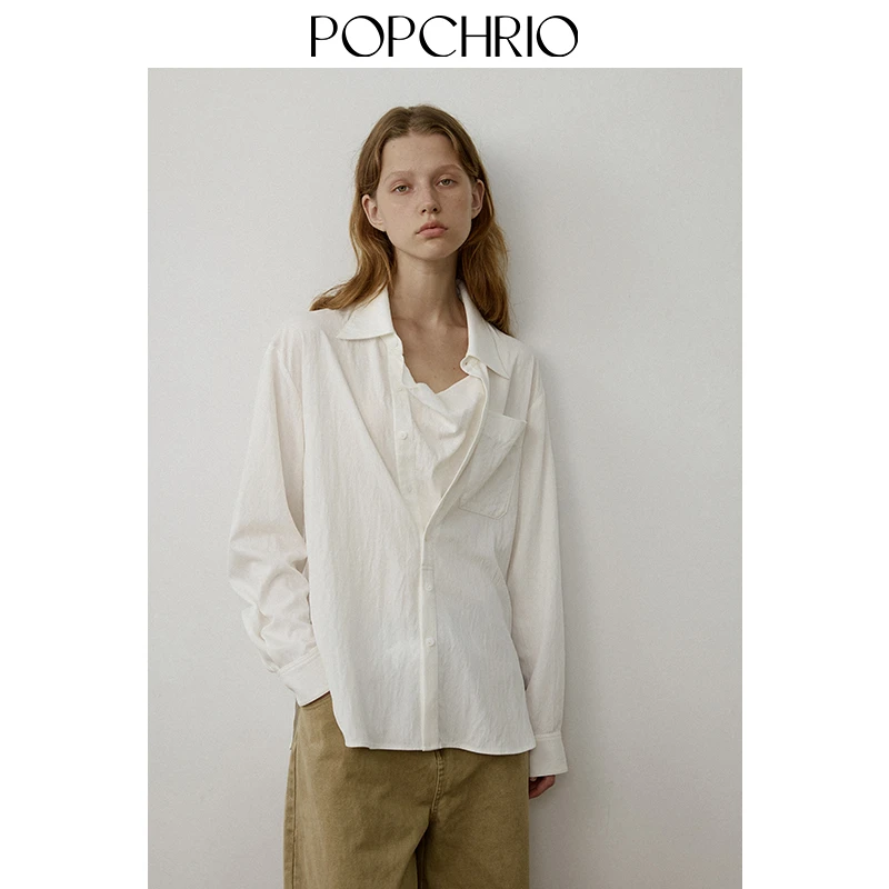 POPCHRIO欧可芮◆慵懒风宽松荡领长袖衬衫法式优雅V领衬衣上衣女
