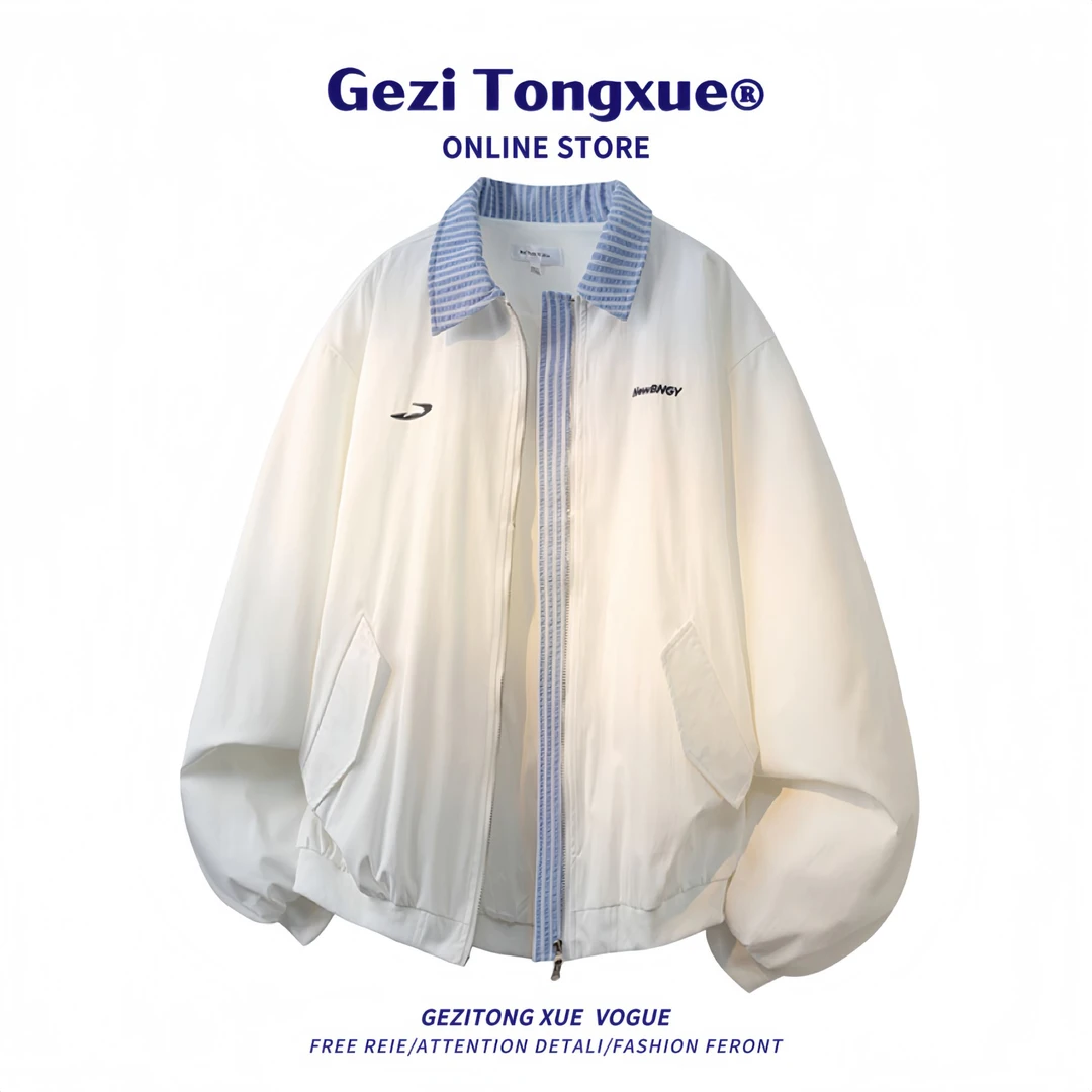 秋季美式复古条纹翻领夹克男宽松休闲学院风假两件情侣棒球服外套