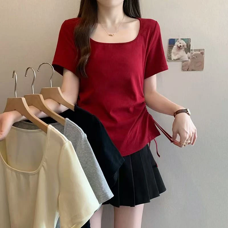 简约休闲U领抽绳短袖T恤女2025夏季新款大码胖mm百搭显瘦遮肉