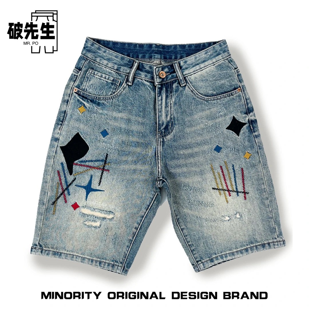 Mr.po/破先生美式休闲痞帅刺绣刮烂牛仔短裤男直筒宽松五分裤潮