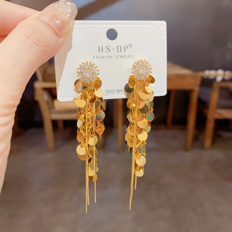 铜合金塑料戒指小众设计高级感锆石花朵金属亮片流苏耳环女轻奢时