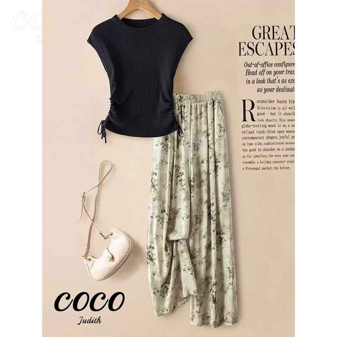 【RG6873】2025夏季新款气质时尚套装圆领上衣碎花阔腿裤两件套女ZJ