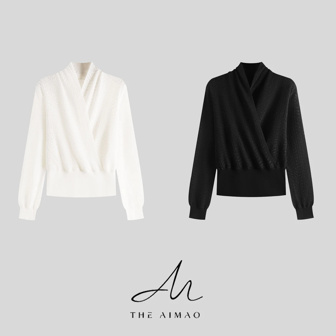 【THE AIMAO】“清雅美学”16针48支真丝绵羊毛提花收腰上衣XYX82623