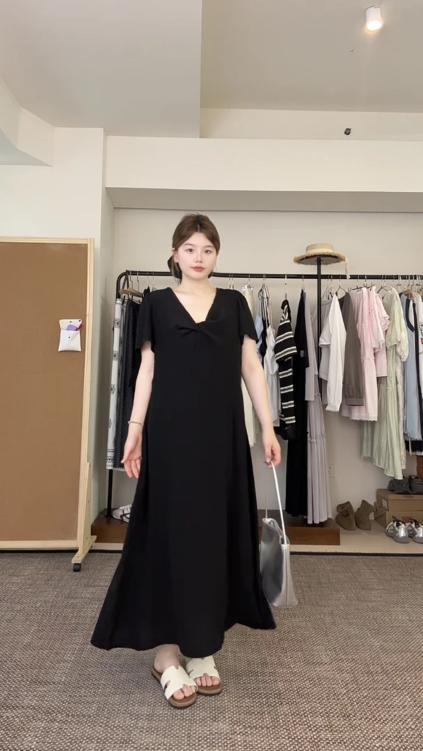 大码女装网纱扭结V领收腰连衣裙胖MM夏季显瘦气质连衣裙