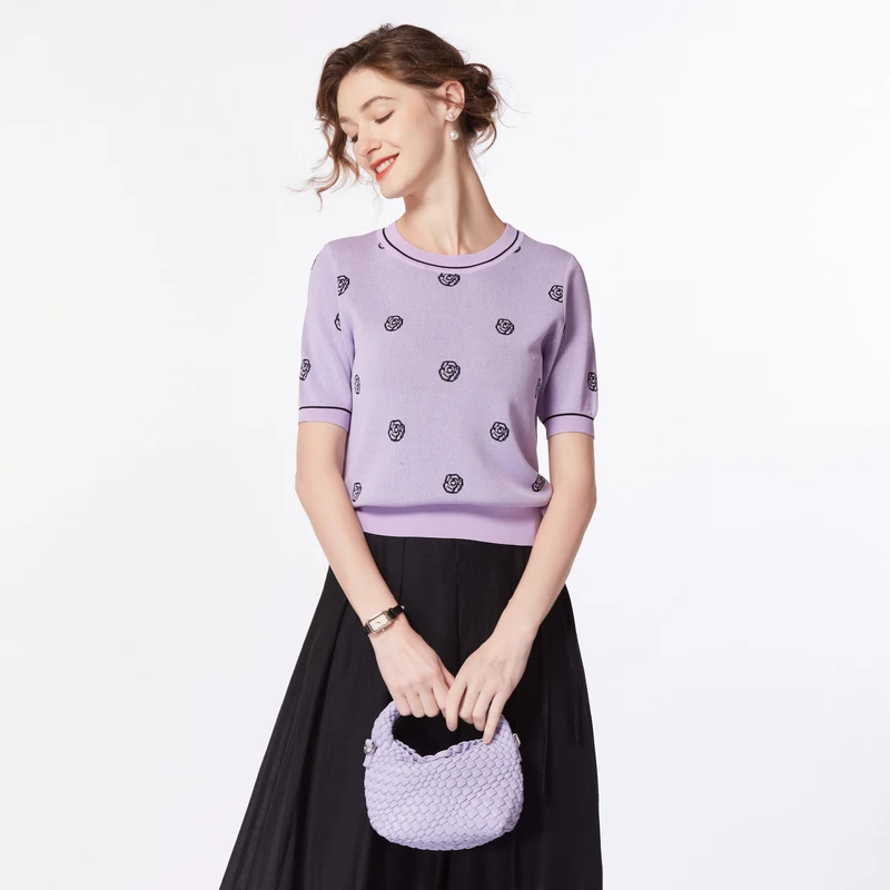 休闲百搭气质玫瑰图案圆领针织衫女2025夏季款高级感圆领上衣打底