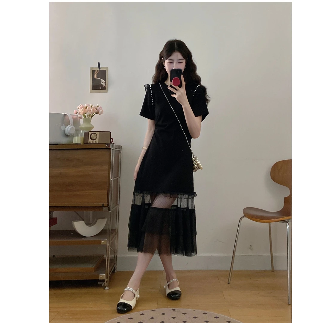 夏季大码赫本风高级感气质百搭网纱拼接钉珠显瘦A字连衣裙8245