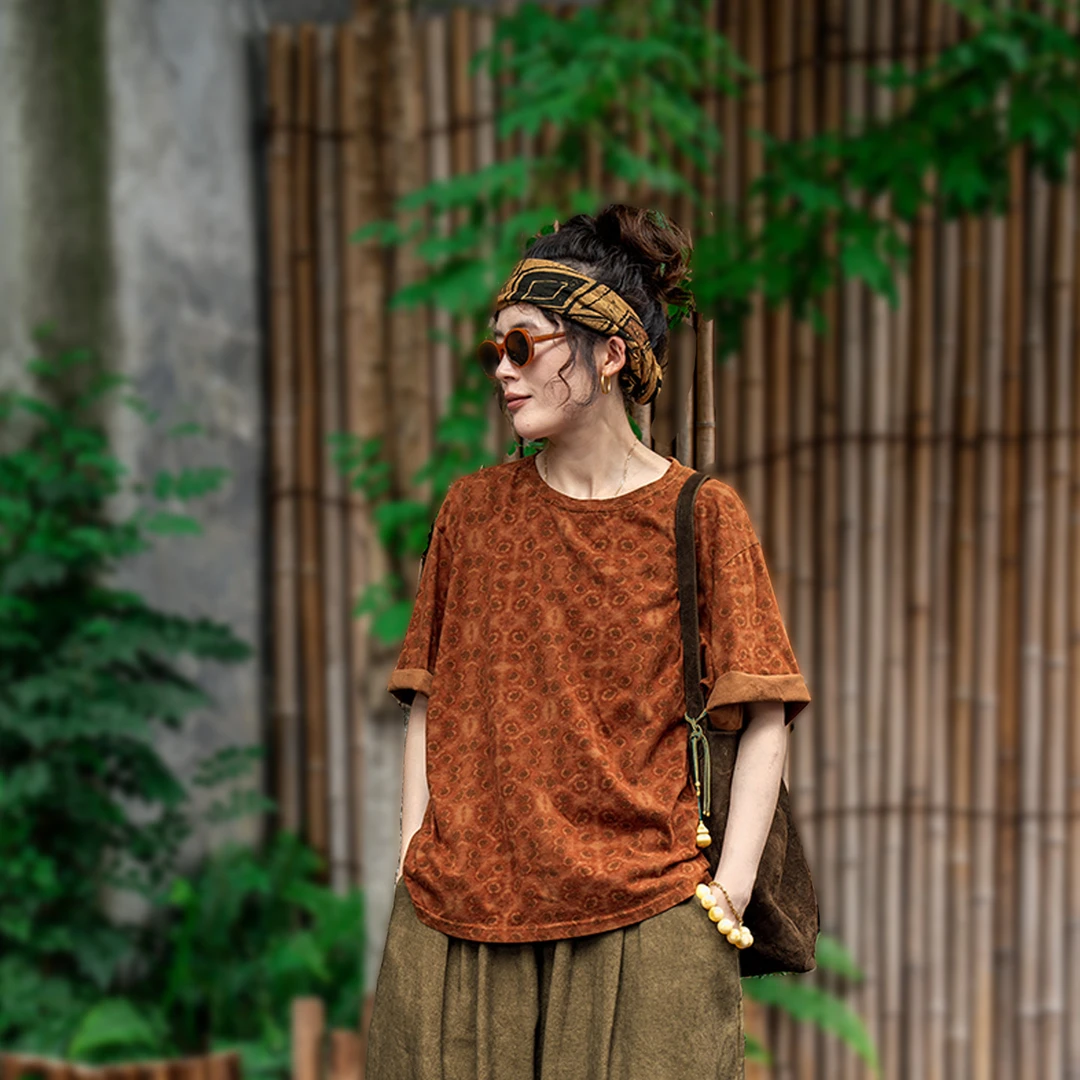 疯子张25夏款圆领文艺复古休闲通勤针织自然密语印花T#08494