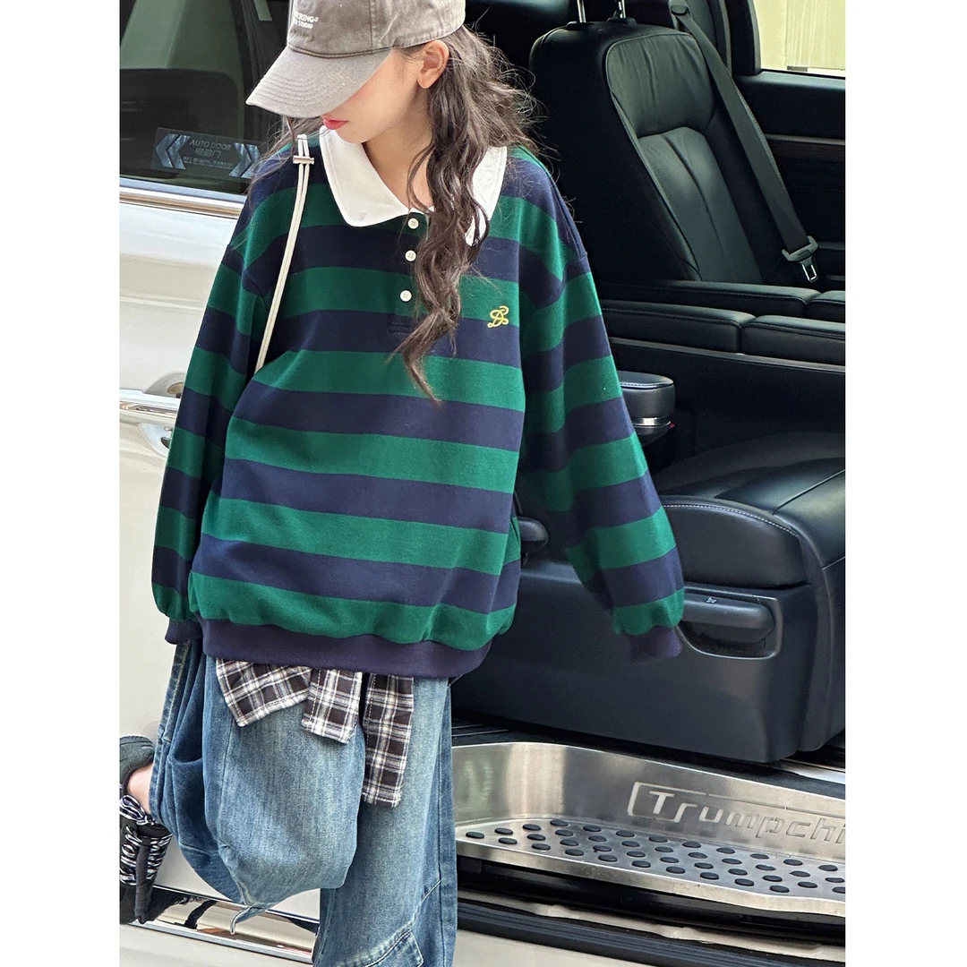K29766孙小美学院风女童条纹卫衣2025秋装新款儿童上衣女大童衣服