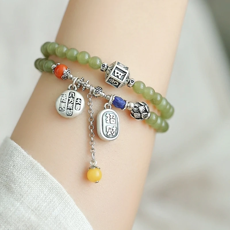 <一禅兄>足银和田玉南红蜜蜡青金石银珠八方来莲花双圈扎基手串