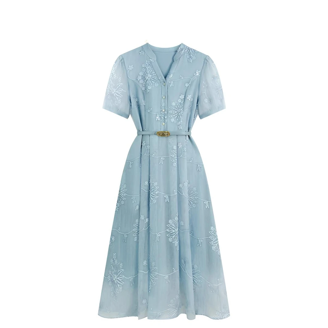 欧家品牌专柜轻奢赫本风气质优雅重工珠片绣花连衣裙A180196