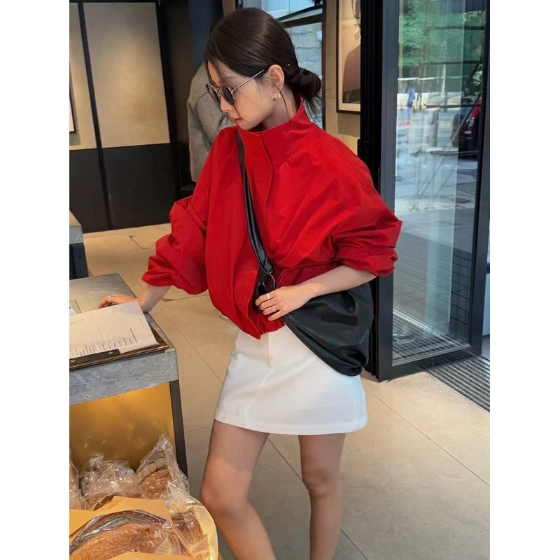 韩系简约高级感显白青春活力感红色拉链夹克衫女2025春新款短外套