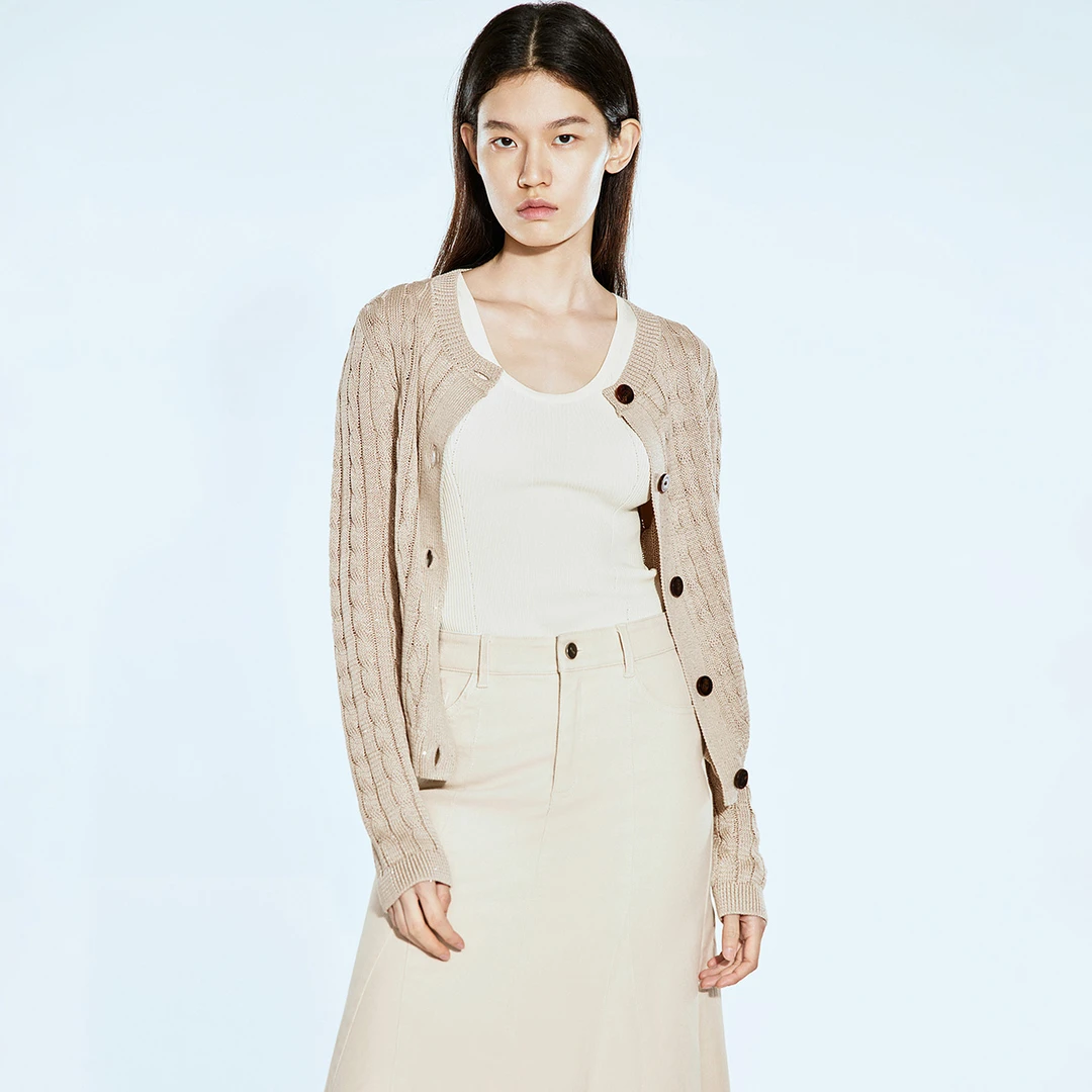 COVERINS2025圆领闪片绞花毛织外套CC35106660