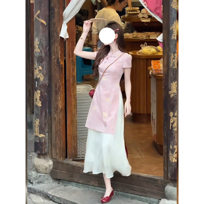 新中式气质假两件旗袍连衣裙2025夏季新款少女感绝美收腰长裙女装