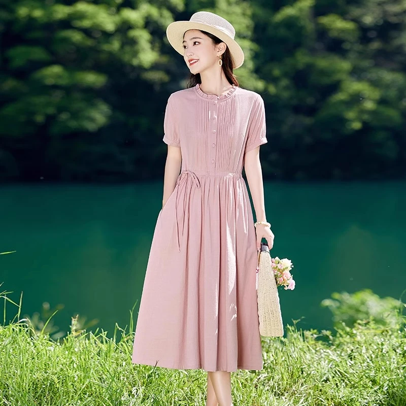 纯棉连衣裙女2025夏季新款收腰显瘦气质减龄高端文艺亚麻衬衫裙子