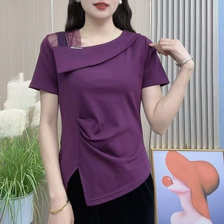 2025夏季新款不规则领时尚蕾丝拼接洋气T恤显瘦设计感短袖T恤155
