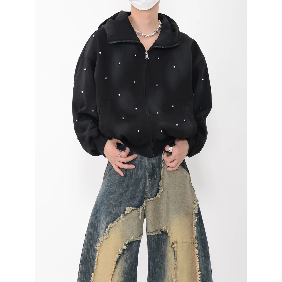 LUCE GARMENT小众美式高级感钉珠设计感连帽卫衣男宽松慵懒开衫潮