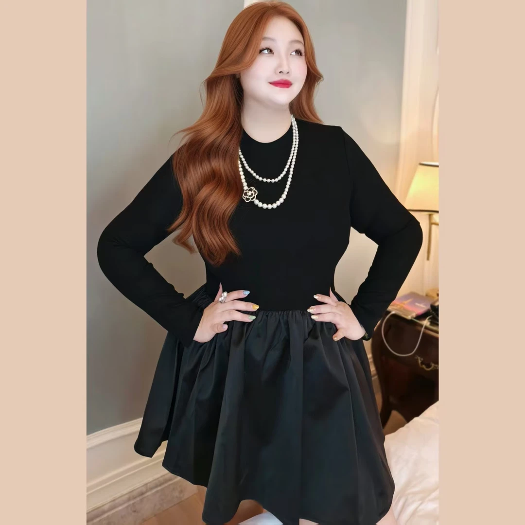 【肯豆风彭彭裙】钻石家大码轻奢气质早秋拼接小黑裙 DOP25120