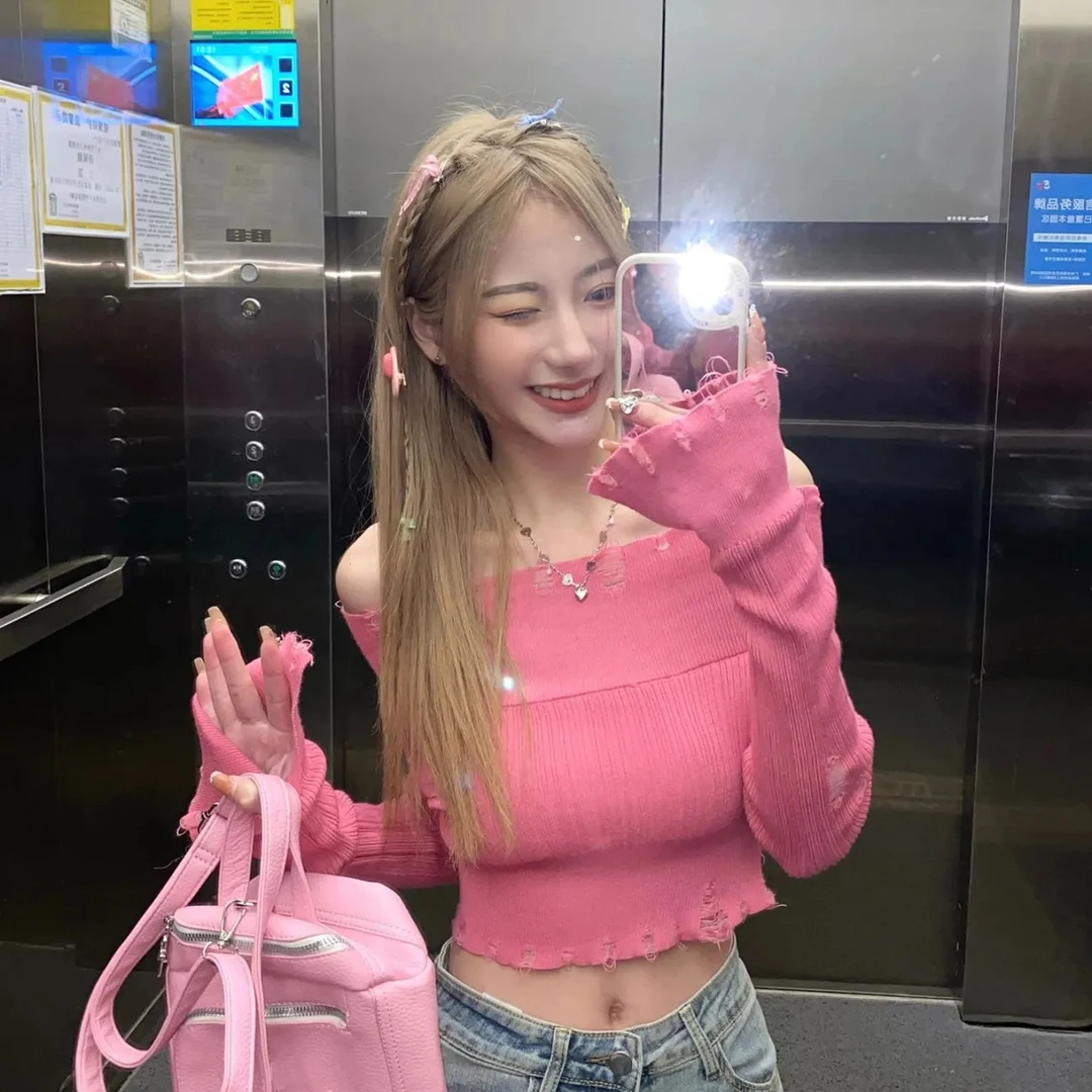 设计感可盐可甜一字肩破洞修身新款显瘦短款打底针织衫长袖上衣女