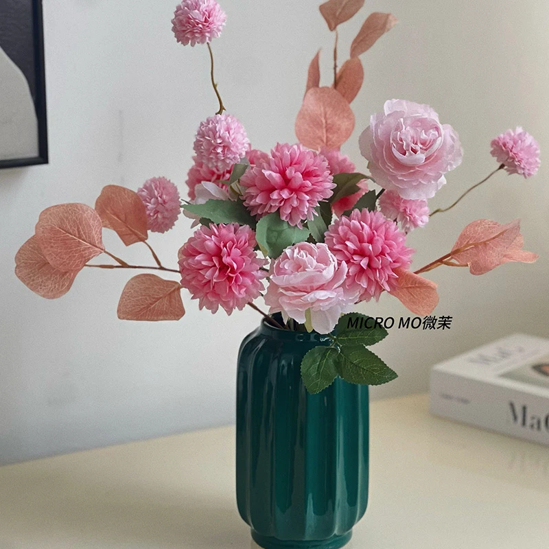 粉牡丹枫叶套装假花仿真花餐桌花家居装饰客厅摆设
