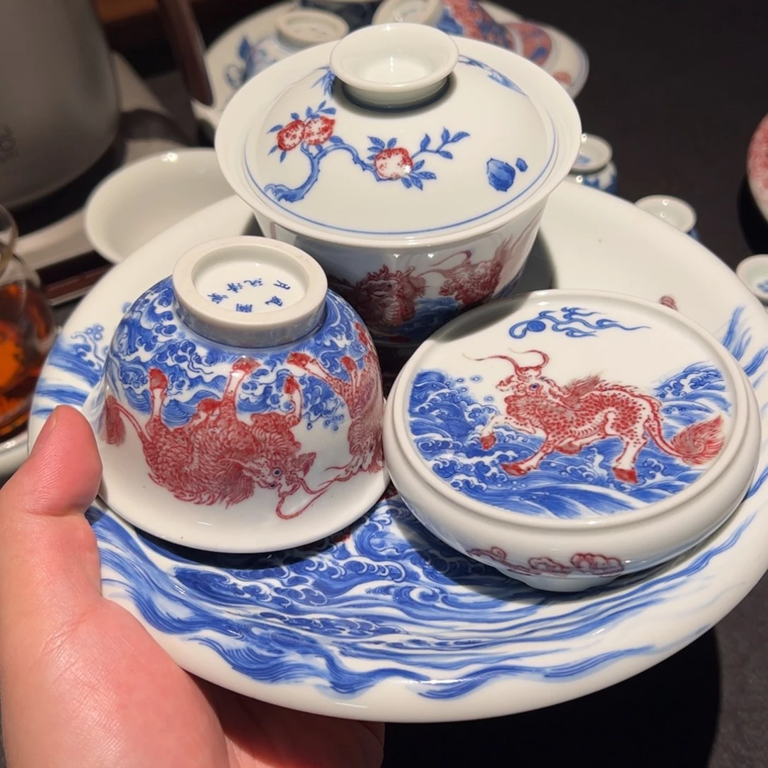 不***刀杯子釉里红麒麟4件套