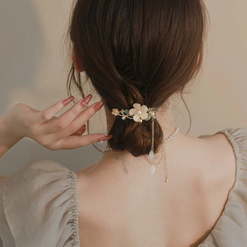 仙女玉兰花流苏发夹女侧边刘海夹前额高级感古风汉服旗袍头饰1384