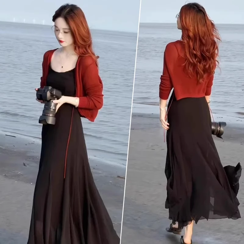 拉夏贝尔后妈裙女2025夏季新款韩版时髦洋气外披显瘦中长裙两件套