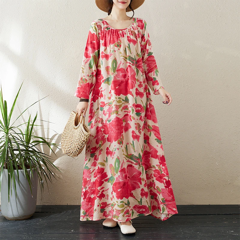 清仓捡漏~气质复古显瘦减龄抽褶长裙宽松棉麻长袖度假风连衣裙秋