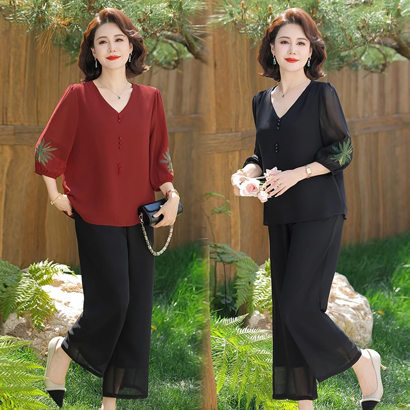 967 妈妈装春夏新款V领中袖套装洋气气质中老年奶奶纯色两件套