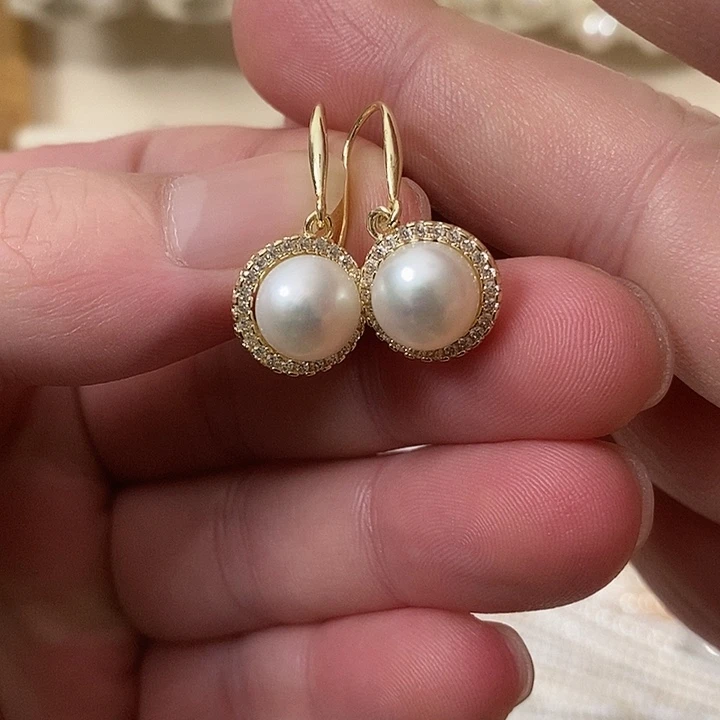 耳饰银S925镶嵌淡水珍珠