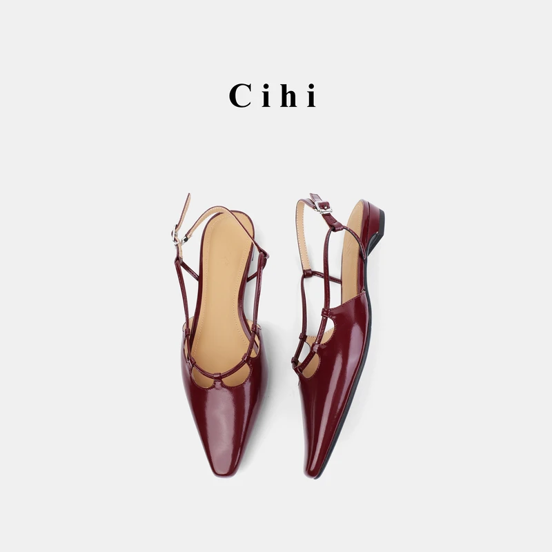 Cihi設計/羊皮2cm’Spring petal’ 镂空艺术 法式系带尖头粗跟单鞋