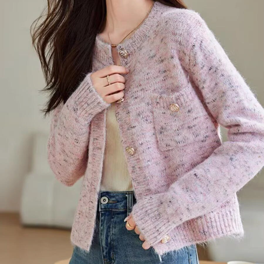 哥弟阿玛施正 2025春秋新款小香风开衫毛衣 女装圆领羊毛针织外套