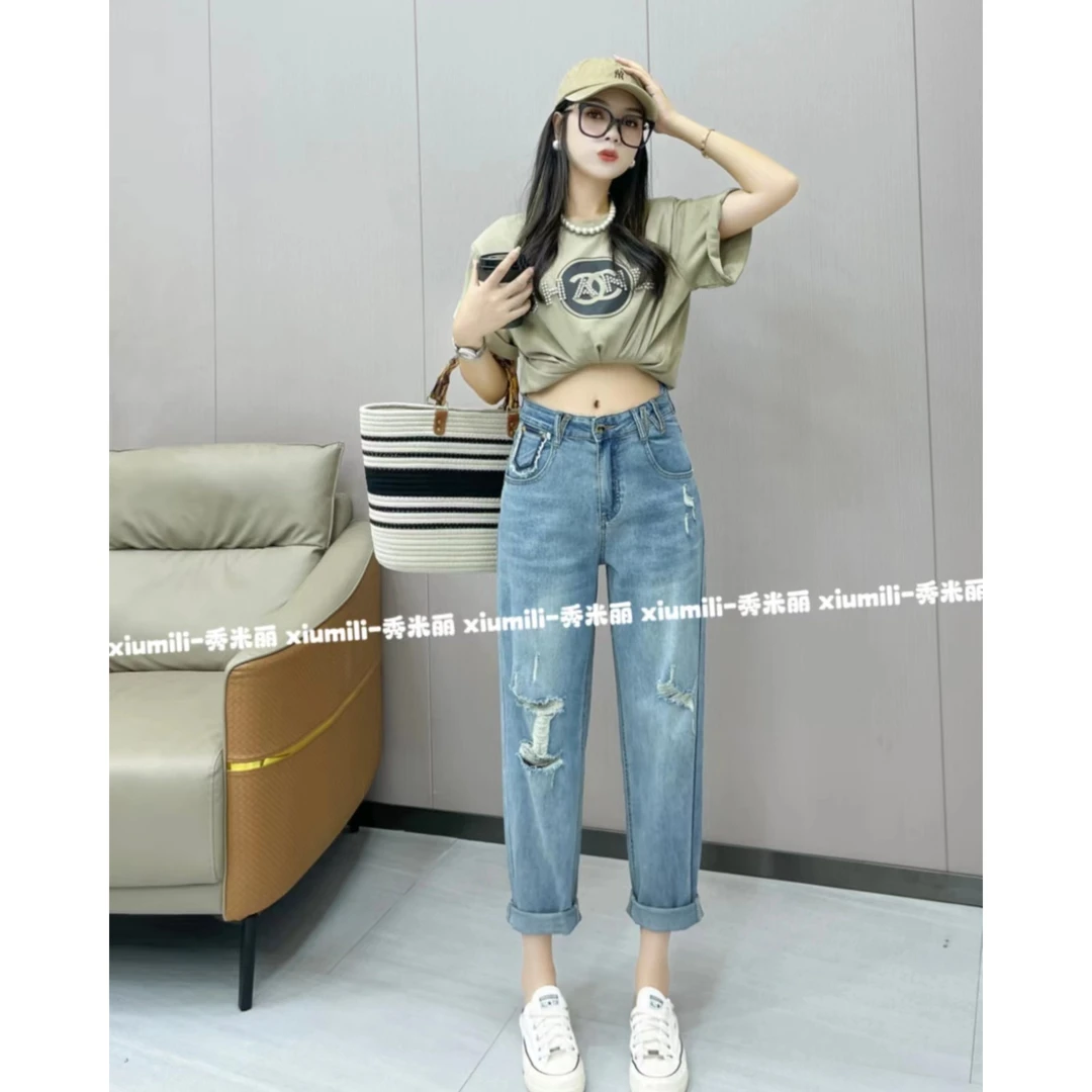 秀米丽夏季欧货蓝色破洞九分老爹后兜毛边宽松显瘦哈伦裤裤子536