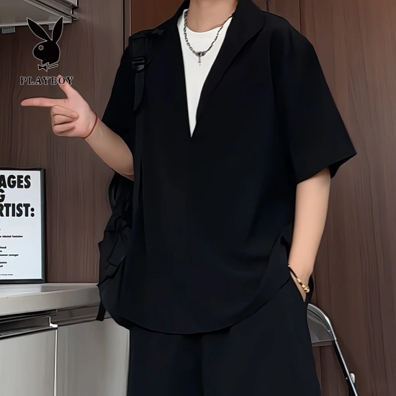 花花公子假两件冰丝衬衫男夏季薄款痞帅高级感衬衣短袖短裤两件套
