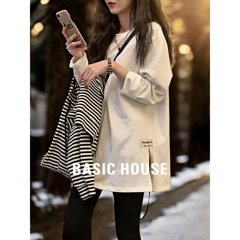 Basic House/百家好中长款开叉打底衫女春夏配鲨鱼裤内搭长袖T恤