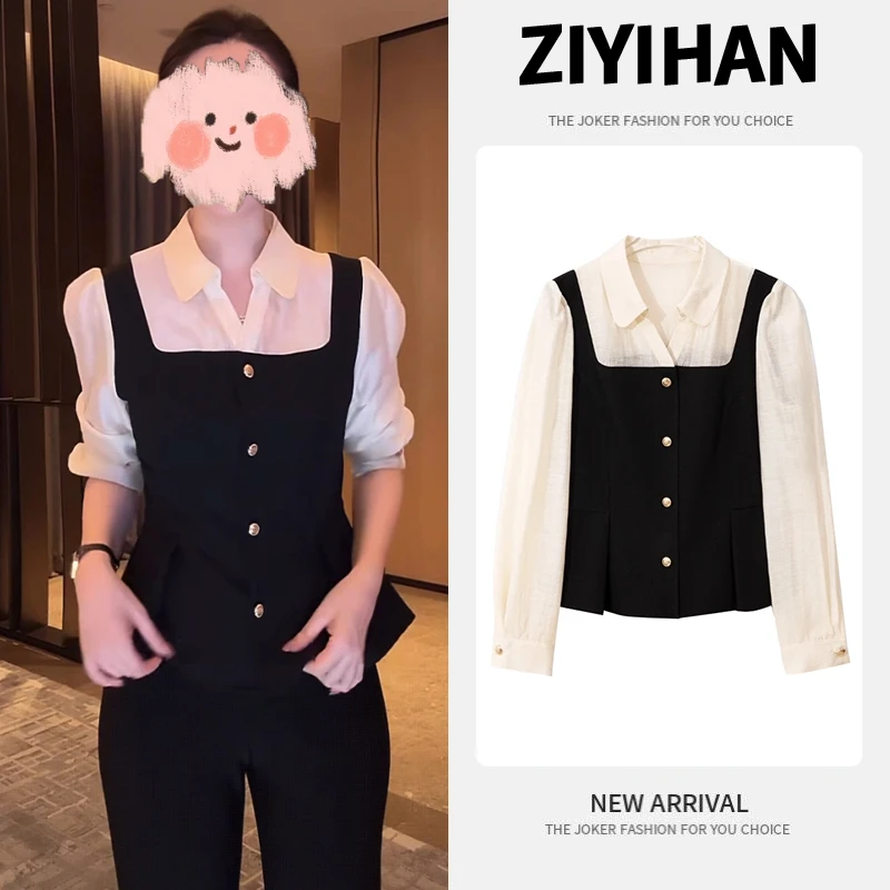 时尚气质设计感POLO领显瘦小衫女秋季新款拼接假两件长袖衬衫上衣