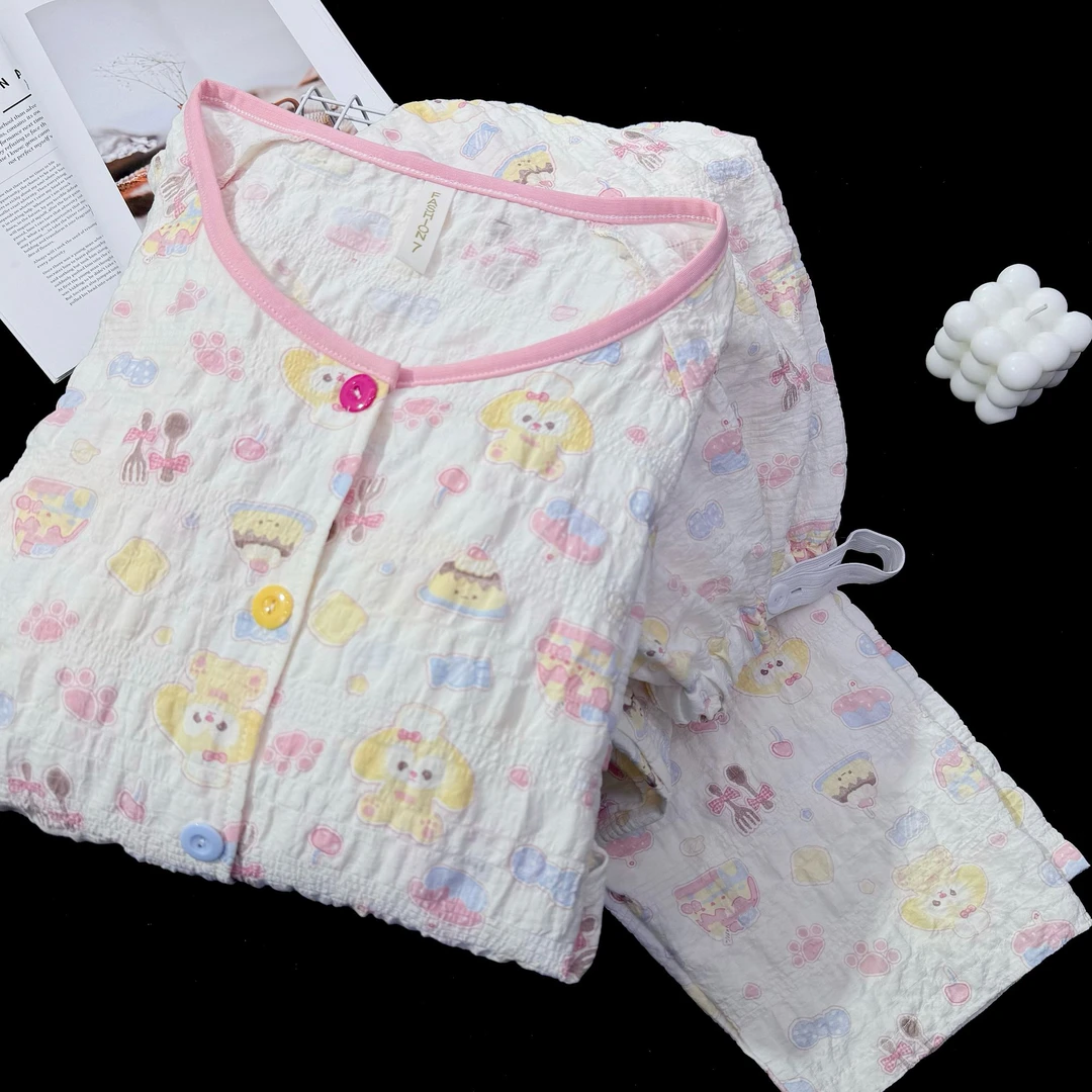 【轻薄皱皱棉纱-带胸垫】月子服夏季纯棉薄款产后喂奶哺乳孕妇睡衣