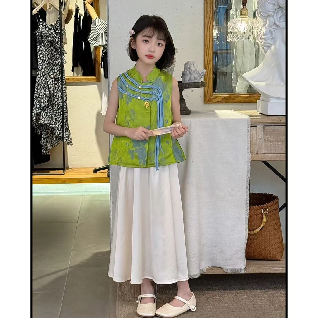 女童2025新款复古民族风提花马甲半身裙套D