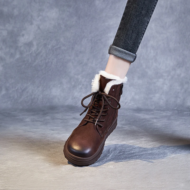 成年女士冬季加厚保暖真皮羊毛低筒雪地靴复古英伦风松糕中跟短靴