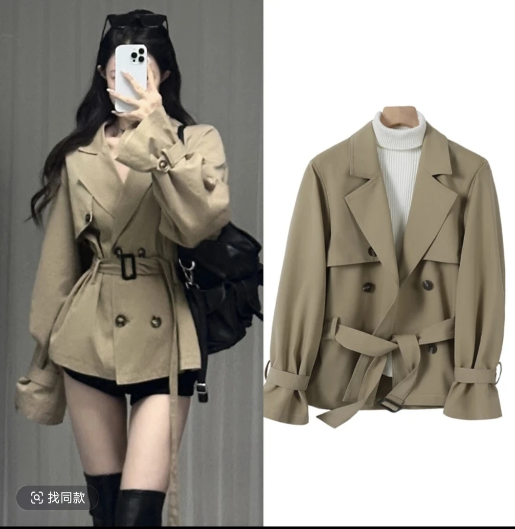 高级感风衣外套女秋季新款女装卡其色英伦风小个子收腰短款大衣04