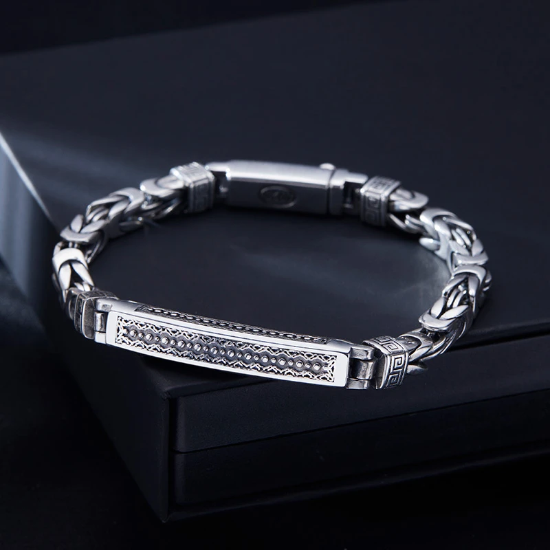 925银手链 手工时尚百搭简约个性霸气男士平安回纹纯银手链男复古