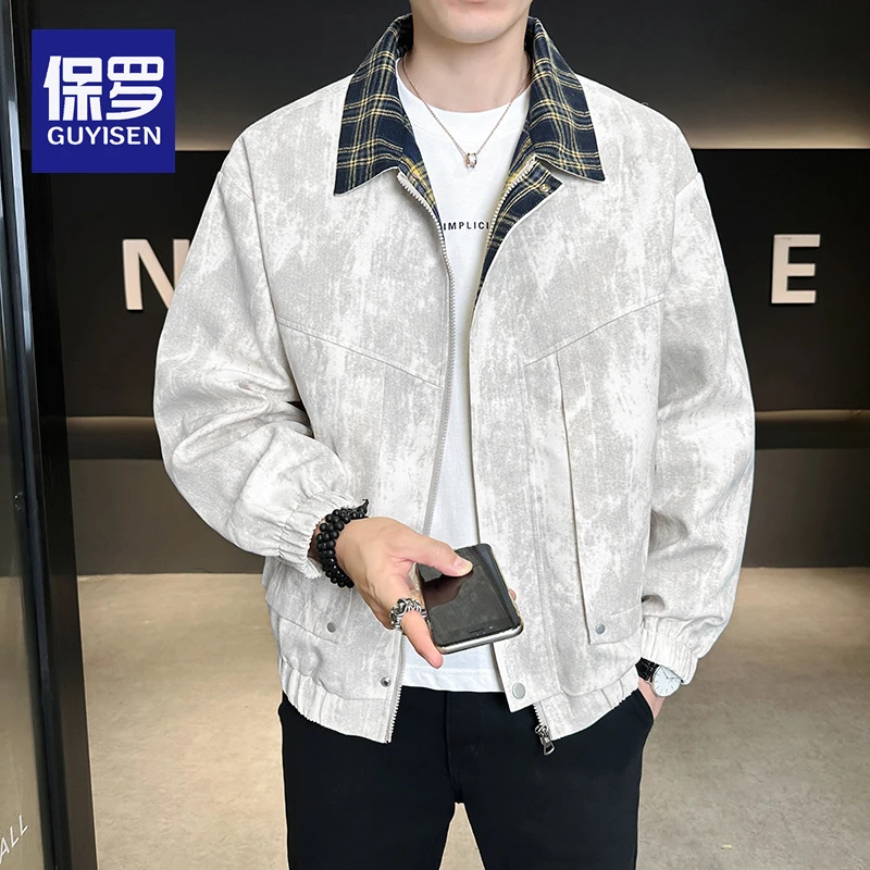 保罗春秋季假两件印花工装外套新款宽松美式拼接休闲翻领上衣夹克