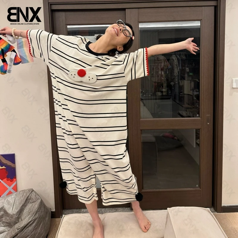 2025夏季新款显瘦大码睡衣套头舒适睡裙一衣两穿宽松短袖女连衣裙