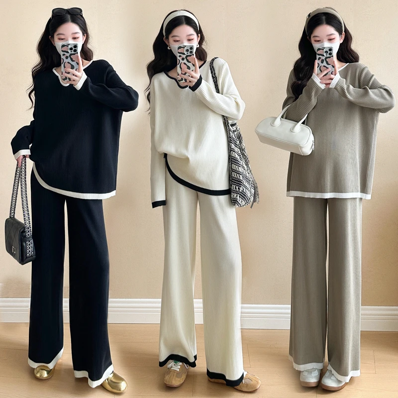 孕妇套装春秋两件针织套装女秋冬微胖穿搭遮肉显瘦休闲运动两件套