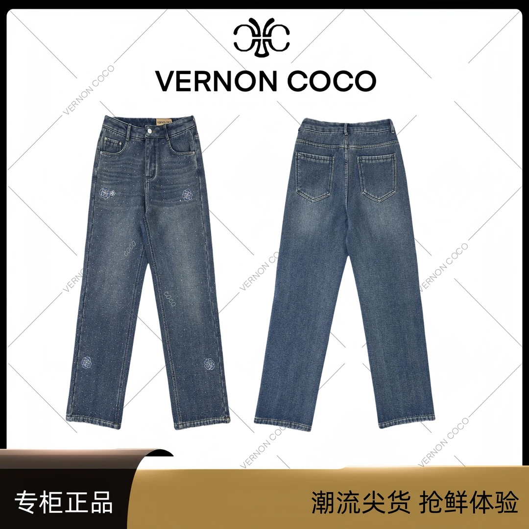 【VERNON COCO】Y30秋季山茶花满钻时尚直筒显瘦中高腰牛仔裤RN89