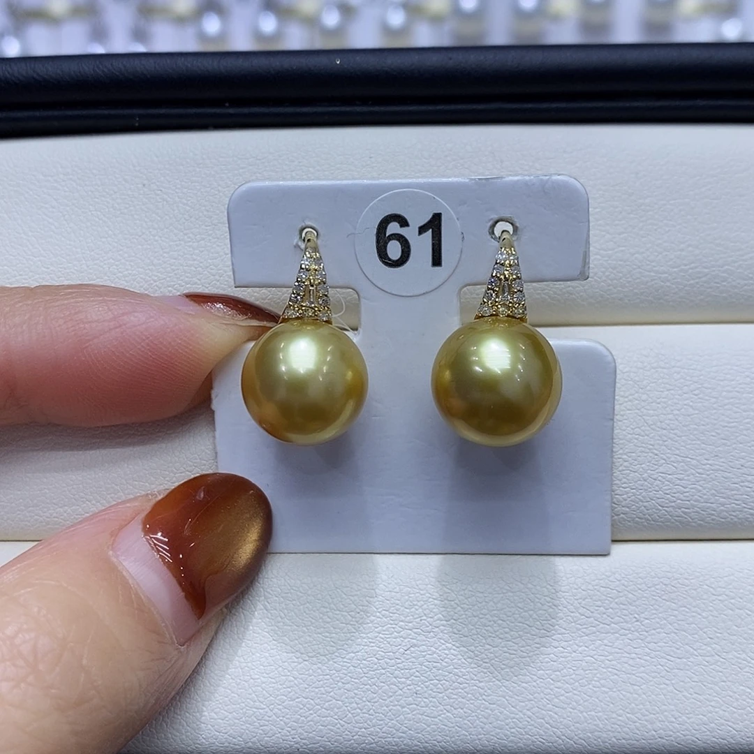 18K金镶嵌耳饰海水珍珠11到12点位浓茶金珠