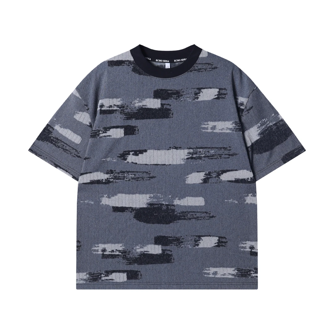 夏季高级感新款美式简约撞色磨毛圆领短袖T恤宽松时尚休闲上衣