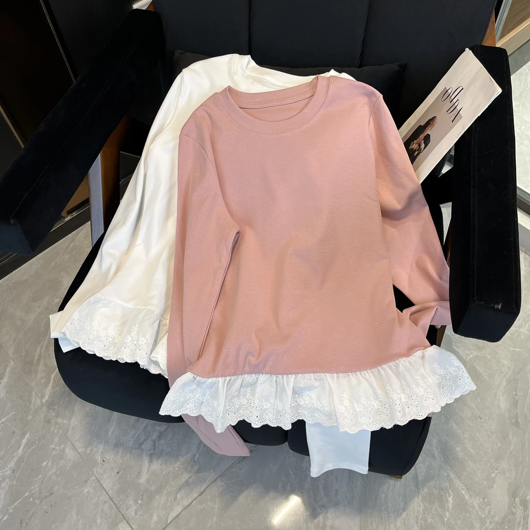 YUE 848109 春季新款芭蕾风花边下摆拼接长袖打底衣