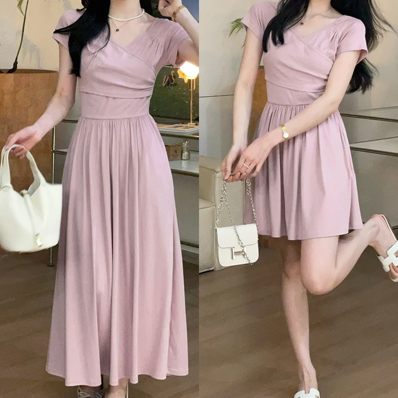 2763赫本风v领连衣裙子女夏季2025年新款法式高级感收腰气质长裙