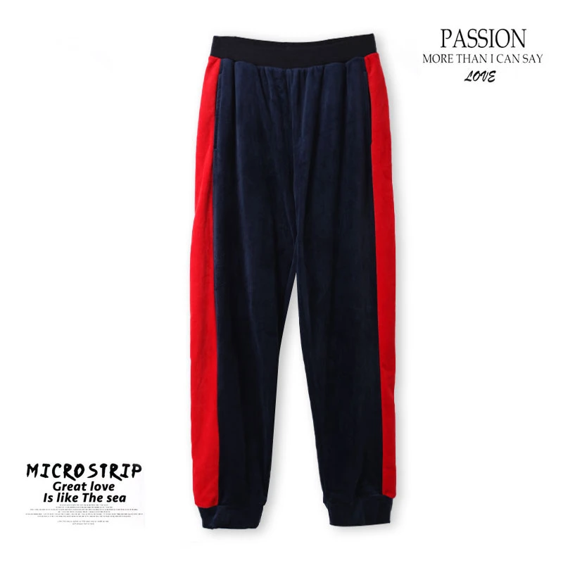 春季双面绒男士家居裤撞色拼接松紧腰长裤保暖舒适00399简约舒适